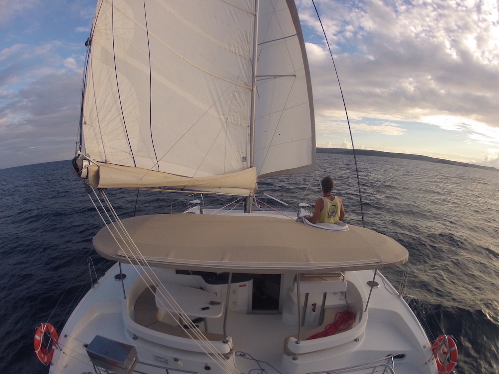 Goosewing while delivering a 40 foot Fountaine Pajot sailing catamaran from Airlie Beach to Mooloolaba, QLD, Australia.  