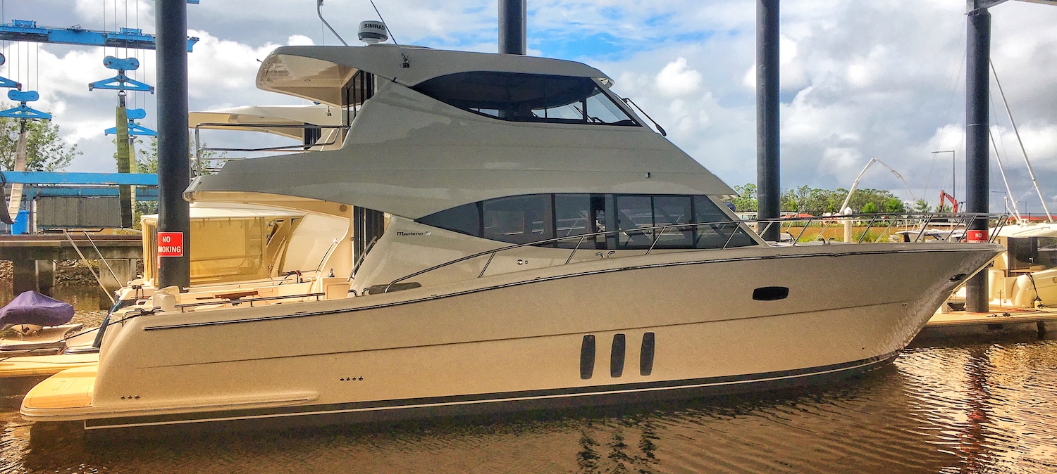 Brand new Maritimo 59 foot pleasure cruiser being delivered at the Maritimo factory on the Gold Coast. 