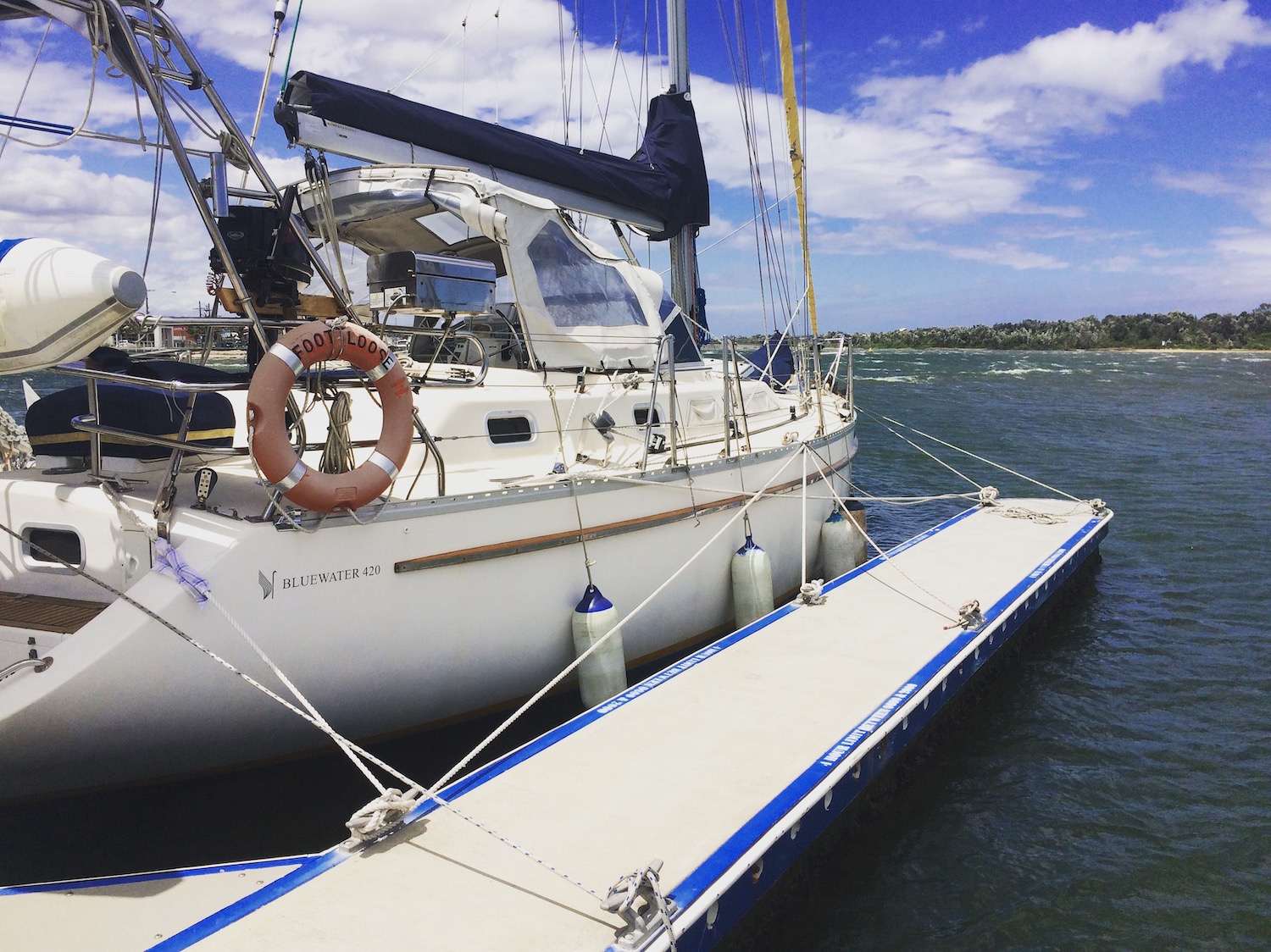 Beneteau 420CC tucked away safely in Eden before a cold front hits, while on delivery to Melbourne, Victoria, Australia. 