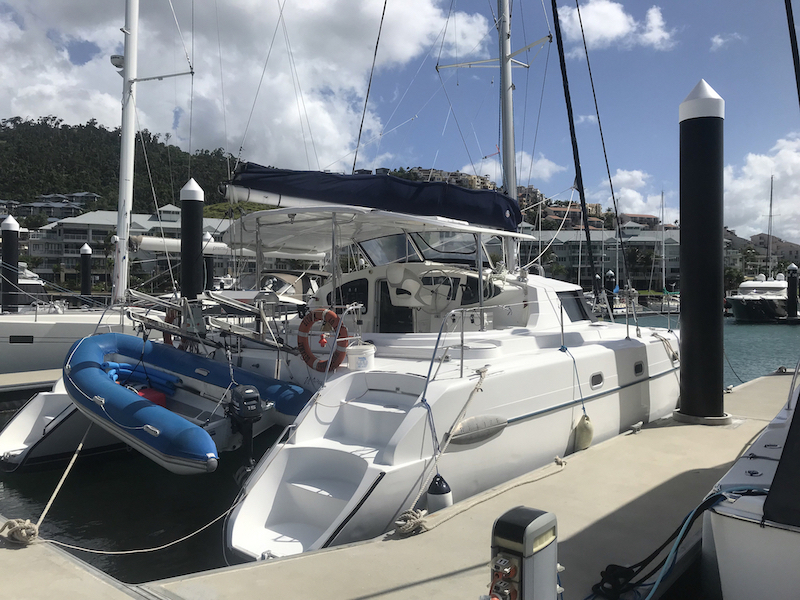 43 foot Fountaine Pajot alongside in Port of Airlie Marina. 