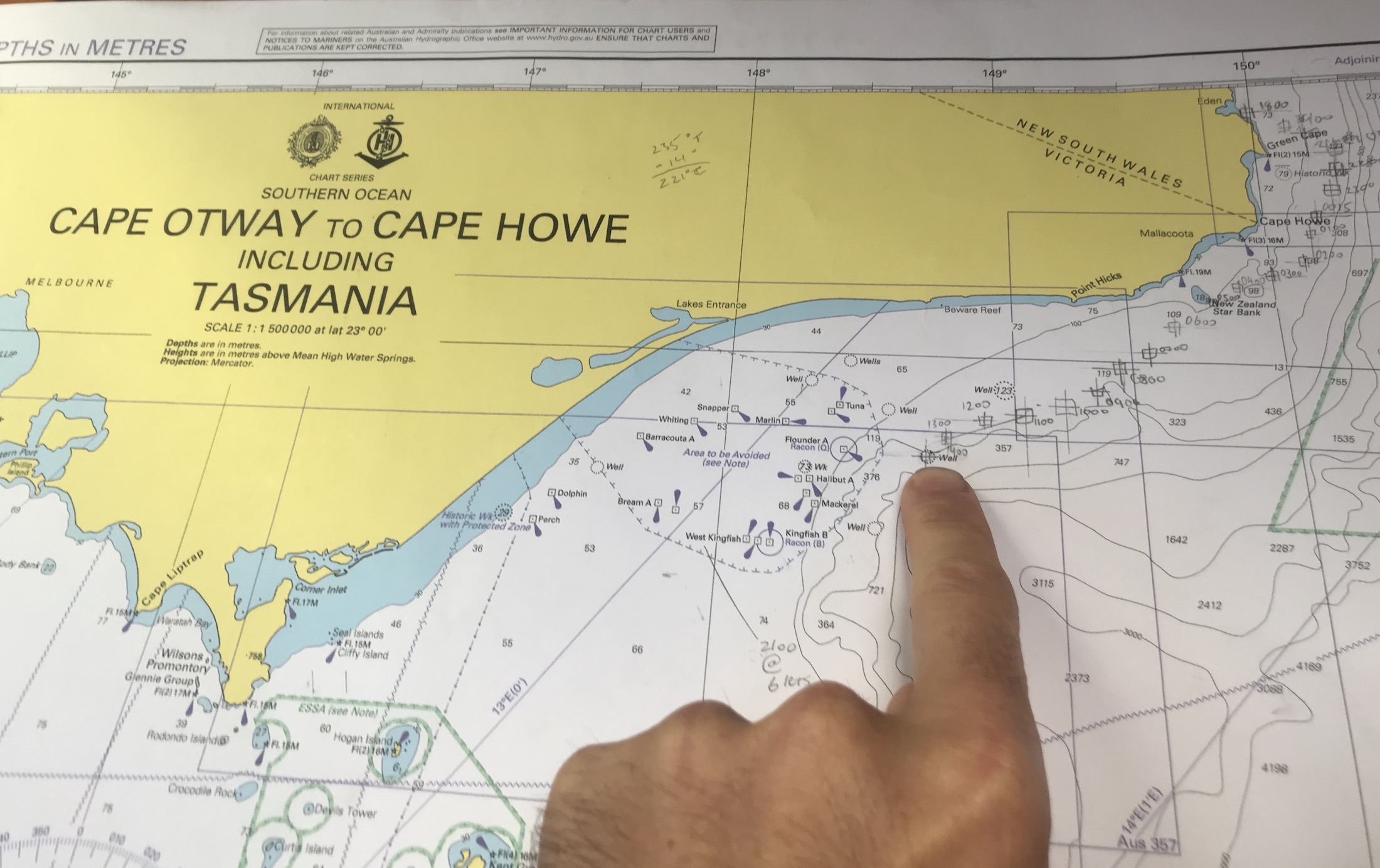 Nautical chart position fixes through the Bass Straight, Australia. 