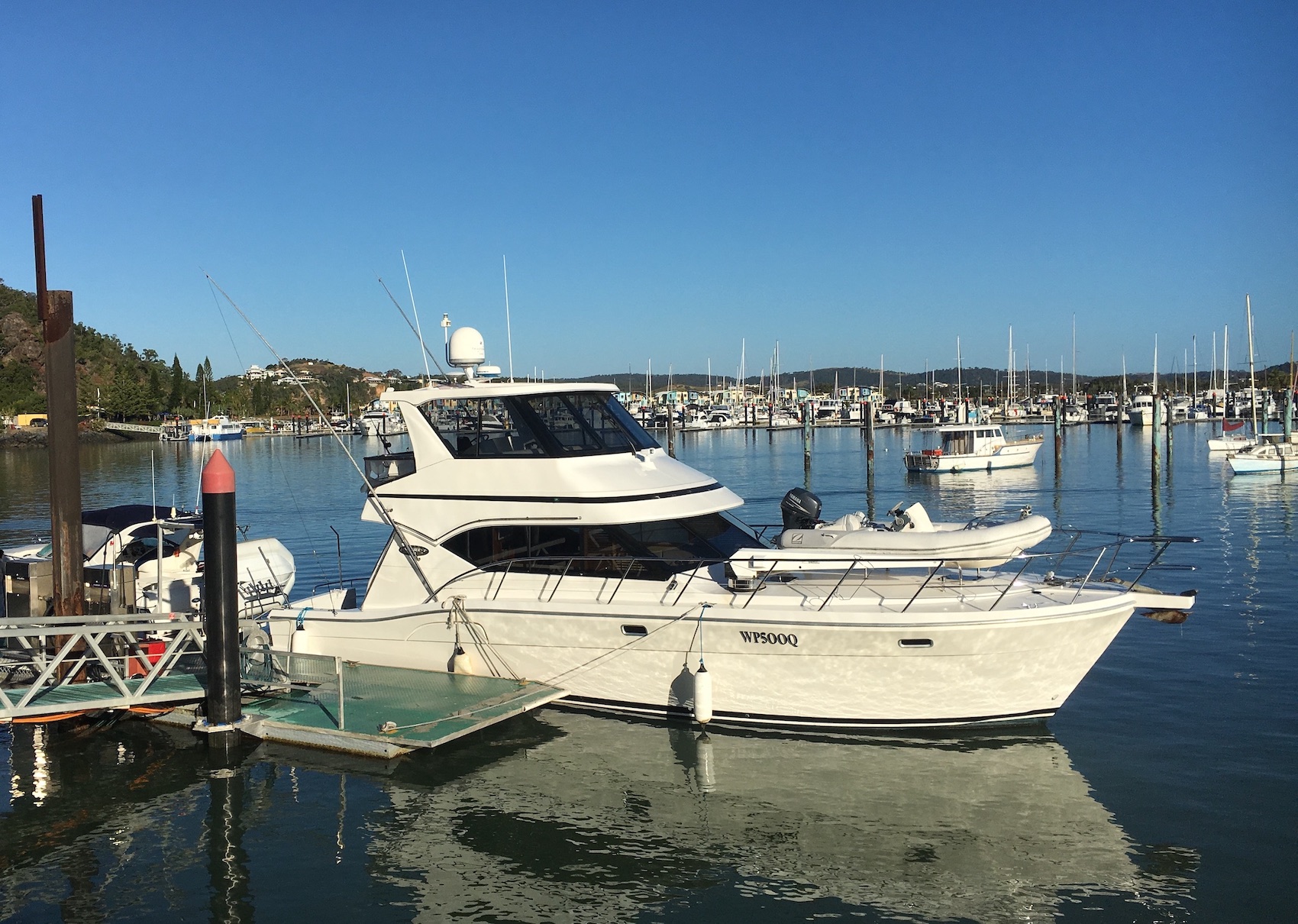 50 foot pleasure cruiser refuelling at Rosslyn Bay fuel wharf during a vessel delivery. 