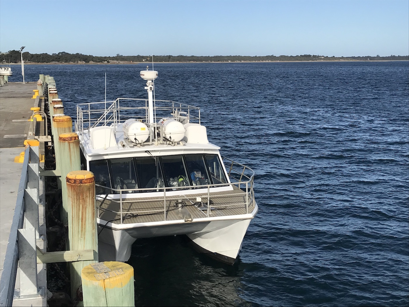 Ferry refuelling at Lady Baron fuel wharf, Tasmania, during delivery to Sydney, NSW, Australia. 