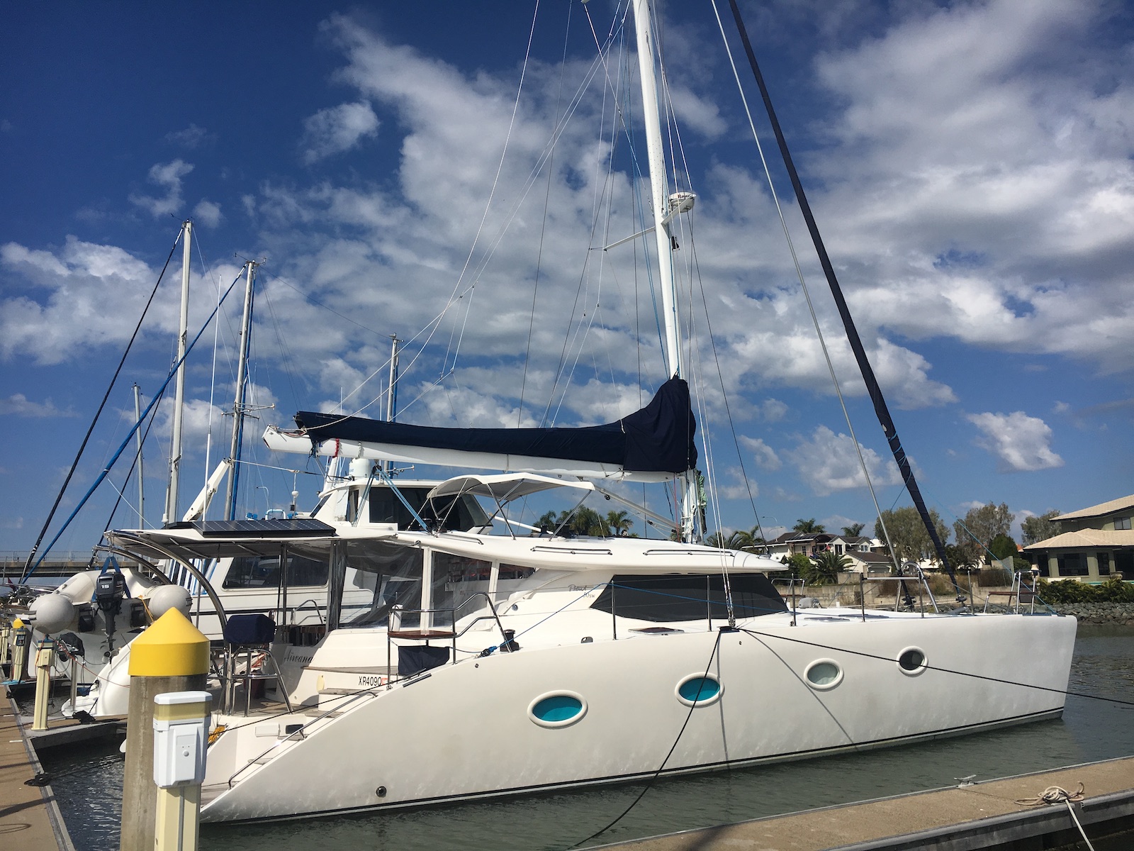 50 foot catamaran safely berthed after a yacht delivery. 