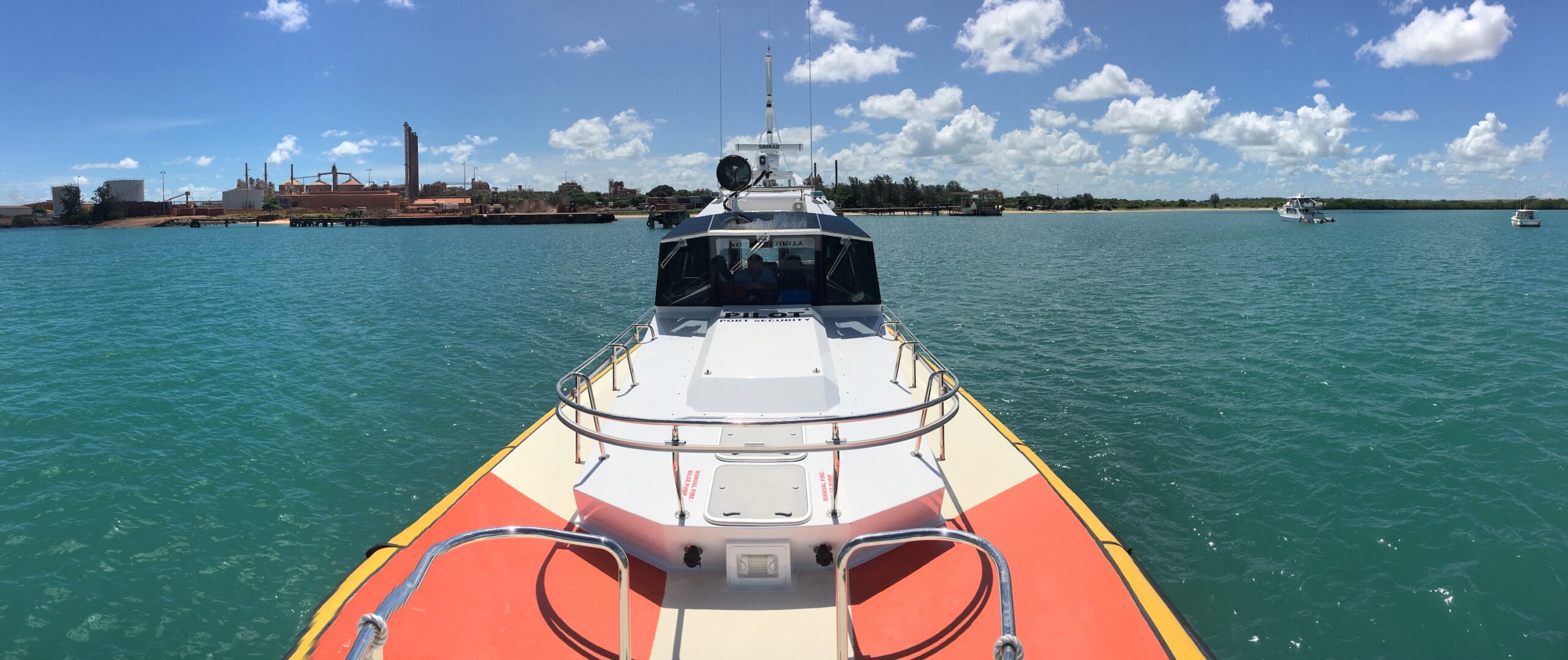 Pilot boat waiting for fuel at Gove, NT during vessel delivery by sea. 