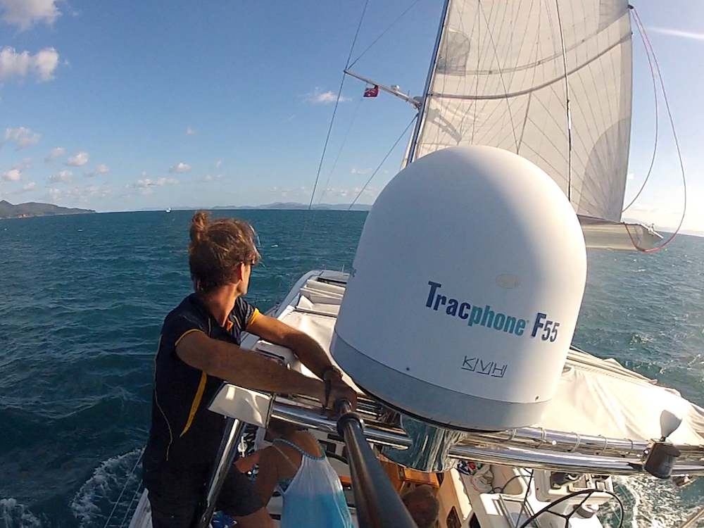 60 foot yacht under full sail in the Whitsundays, Australia. 