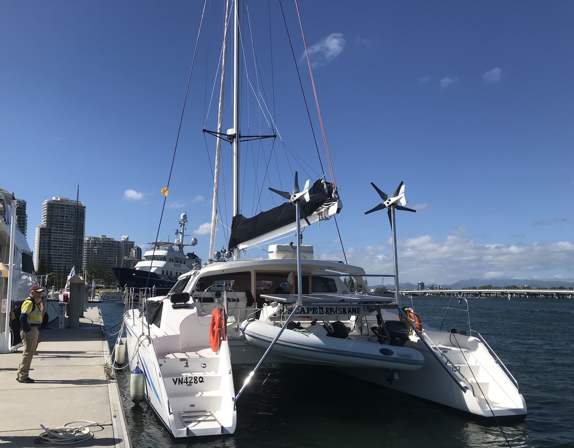 43 foot Perry catamaran alongside the Quarantine berth at Southport Yacht Club, QLD, Australia, after delivery from Vanuatu. 