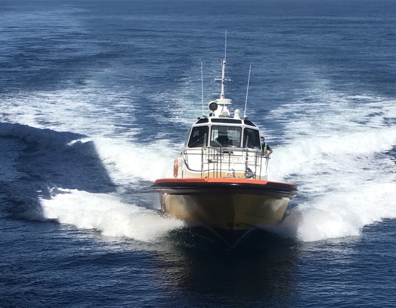 Pilot boat underway during an offshore yacht delivery