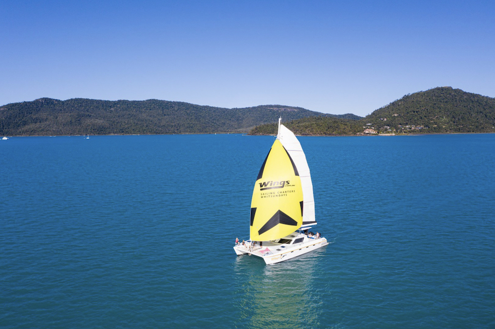 Sailing catamaran underway during a yacht delivery with Salty. 